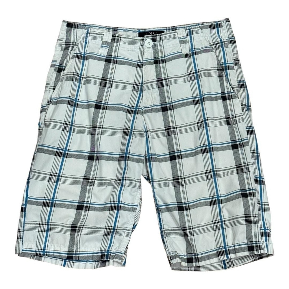 INC Shorts Mens 32 Plaid White Black Blue Flat Front Cotton Casual Summer